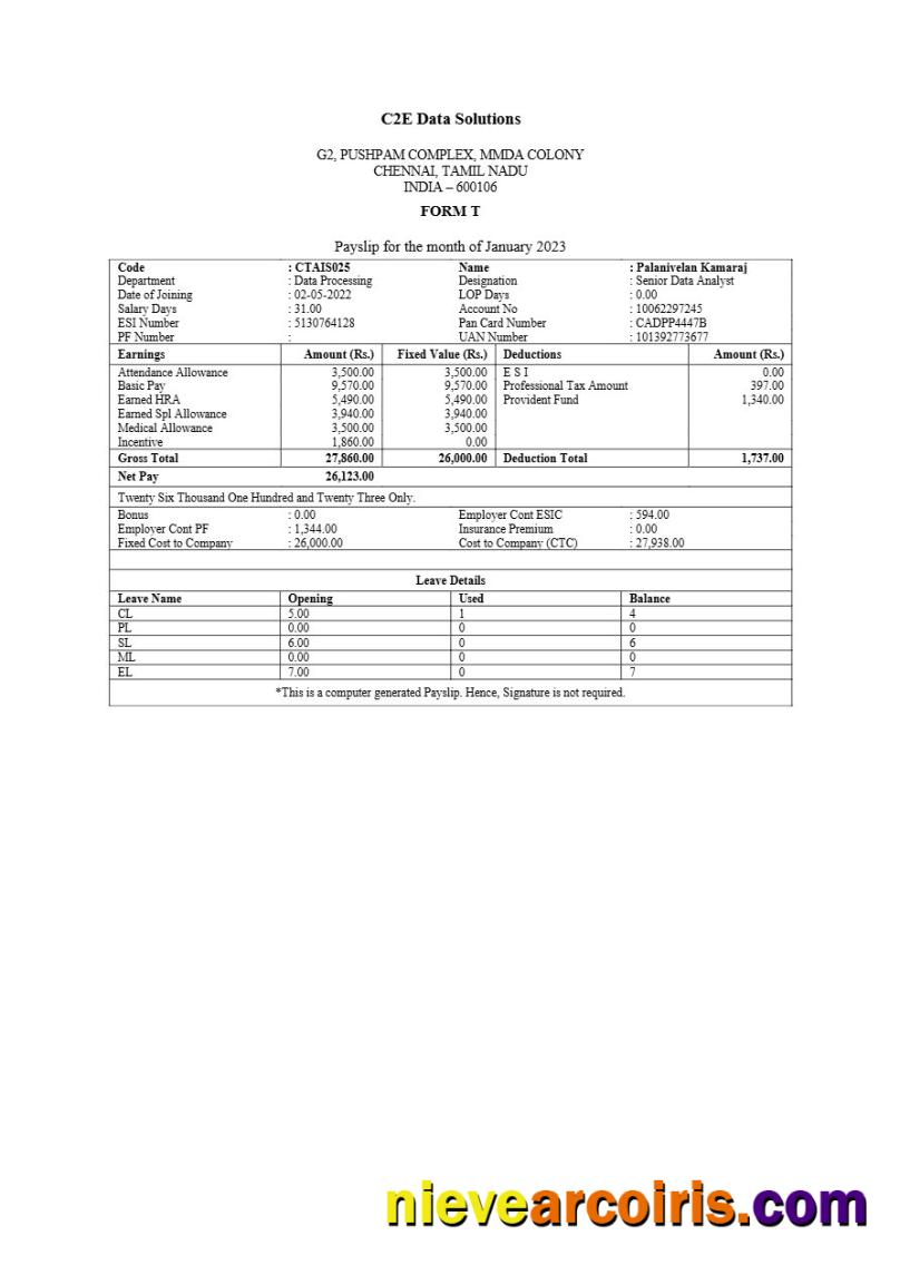 C2E Data Solutions payslip